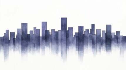 A minimalist skyline illustration with abstract shapes in shades of blue, creating a foggy cityscape effect.