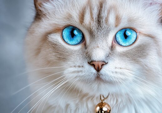 A close-up of a cat with striking blue eyes and a golden bell collar, showcasing its beautiful fur and captivating expression. - Powered by Adobe