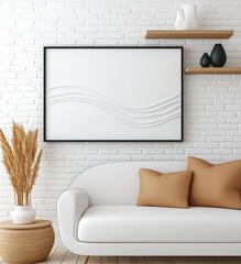A modern living room featuring a white couch, minimalistic decor, and a framed abstract art piece against a textured white wall.