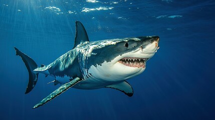 Fototapeta premium A majestic great white shark swims in the deep blue ocean.