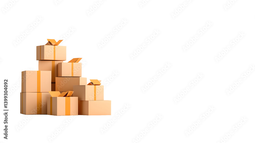 Poster 3d render of stacked cardboard boxes arranged in organized rows on a pristine white platform with so