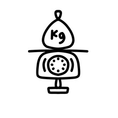 Simple illustration of a weighing scale with a bag labeled 'K9', depicting pet food measurement