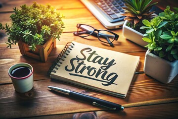 Fototapeta premium Macro Stay Strong Inspiration: Wooden Desk, Green Plants, Motivational Note