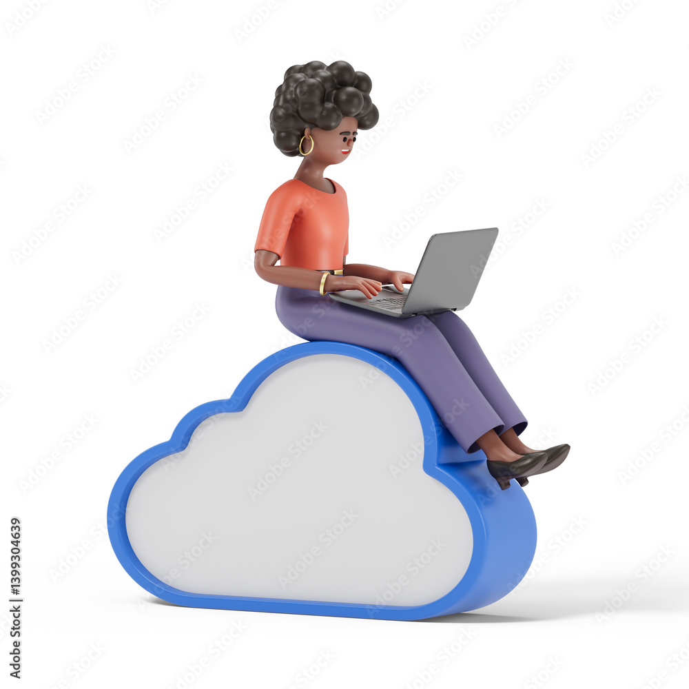 Poster a woman sits on a stylized blue cloud while working on a laptop, symbolizing the concept of cloud co
