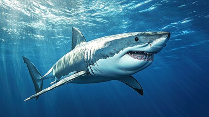A powerful great white shark glides through the deep ocean.
