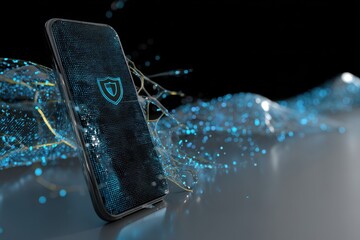 Smartphone with digital security shield and blue data waves on dark background.