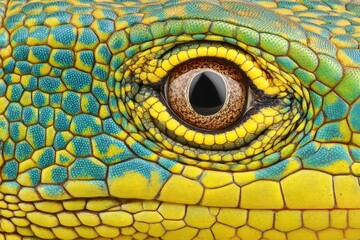 Reptile Eye Macro Photography Vibrant Yellow Teal Scales Detailed Texture