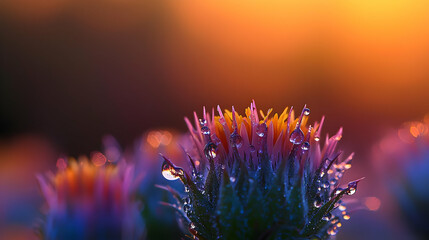 Close Up Dewy Flower At Sunset