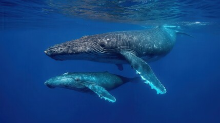 A majestic whale and calf gracefully swim in the deep blue ocean, showcasing the beauty of marine life.