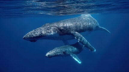 Fototapeta premium Majestic whales glide through deep blue waters.