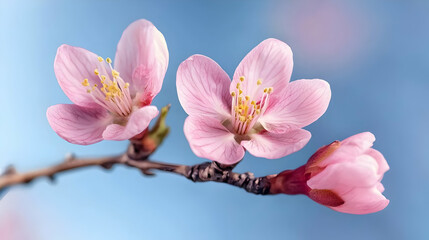 Fototapeta premium Pink Cherry Blossoms On Branch Against Light Blue Sky