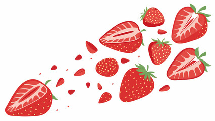 Realistic fresh red strawberry explosion. Whole, half, slice and pieces flying berries on transparent background.
