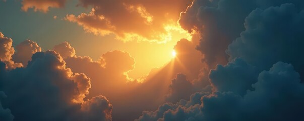 Fototapeta premium Golden light beams pierce dramatic cloudscape, spiritual light, celestial