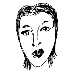 Female face with short hair. Portrait of a young woman. Hand drawn linear doodle rough sketch. Black and white silhouette.