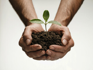 Striking close-up photograph of hands holding rich, dark soil with a delicate green seedling emerging against a pure white background. By IA Generative