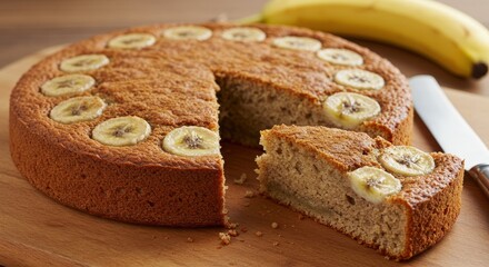 Homemade Banana Cake: Rustic Slice on Wood, Fresh Fruit Topping, Knife Beside