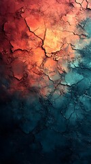 Fototapeta premium Abstract Textured Background Phone Wallpaper Orange Red Teal Colors with Cracks and Illuminated Effect