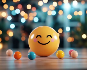 A cheerful smiling emoticon sits serenely amidst pastel-colored spheres symbolizing AI-organized emotions in a vibrant, glowing bokeh backdrop representing a digital emotion