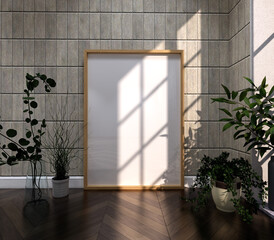 Frame mockup, ISO A0 paper size. Living room wall poster mockup. Interior mockup with house background. Modern interior design. 3D render	