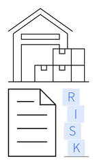 Warehouse with stacked boxes, document representing logistics, and Risk blocks highlighting supply chain management. Ideal for inventory control, shipping safety, logistics planning, supply chain
