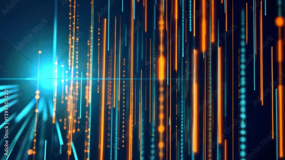Poster futuristic digital abstract background with glowing blue and orange lines and particles creating dep