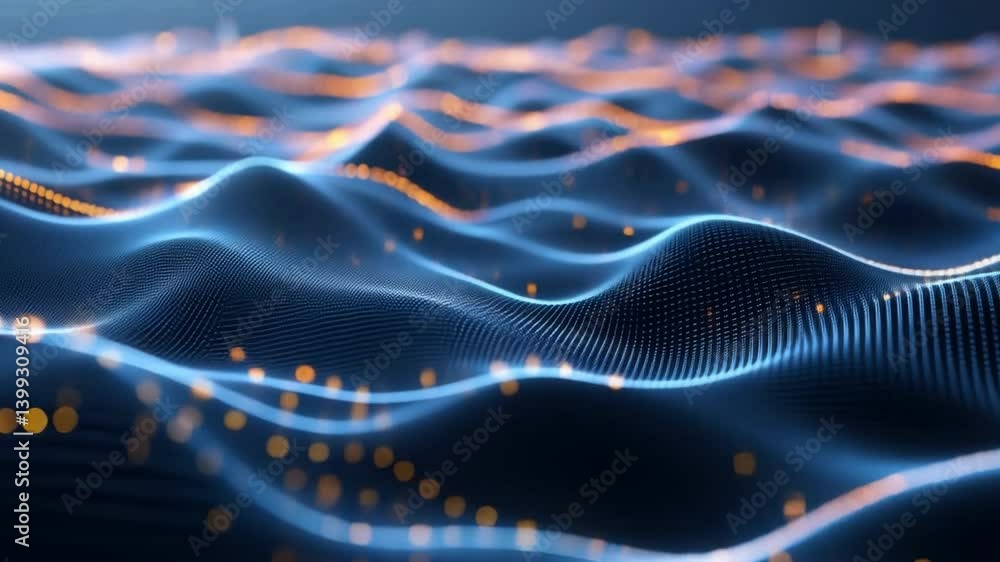 Poster abstract digital waves glowing lights and futuristic patterns evoke movement and innovation in mesme