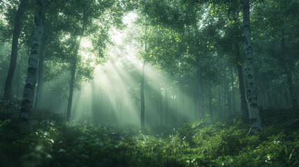 Obraz premium A forest with sunlight shining through the trees