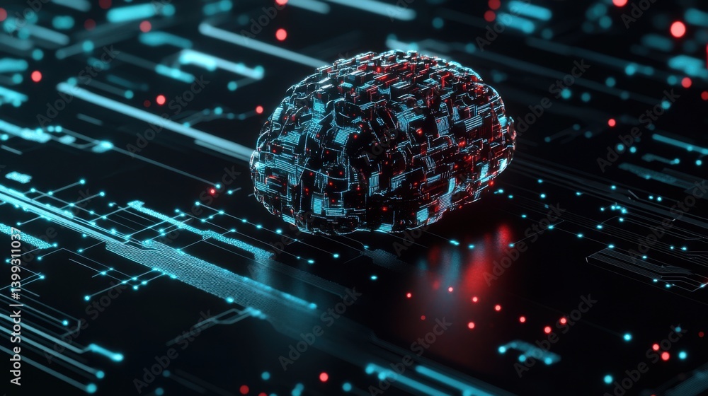 Poster a futuristic depiction of a brain-like structure on a digital circuit board, showcasing advanced tec