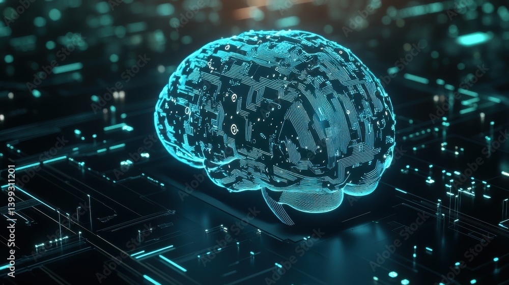Poster a digital representation of a brain, highlighting neural connections and circuitry, symbolizing arti