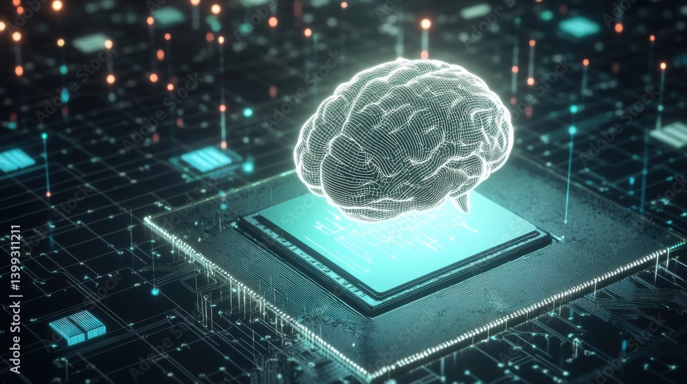Poster a digital illustration of a brain on a microchip, symbolizing the intersection of technology and art