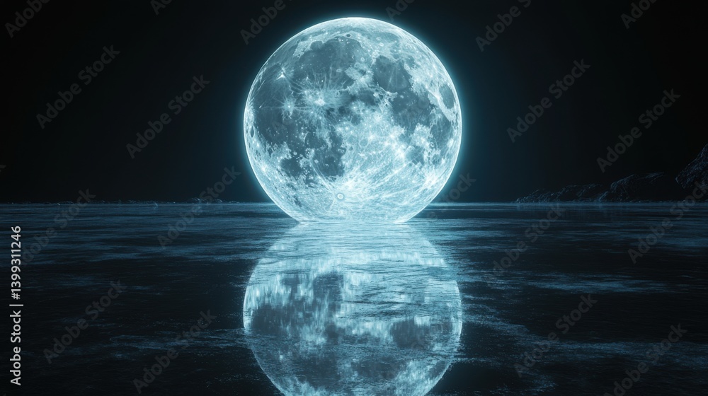 Poster a glowing full moon reflects on a tranquil water surface, creating an ethereal and serene atmosphere