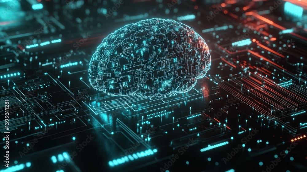 Poster a digital representation of a brain, interconnected with circuitry, symbolizing artificial intellige