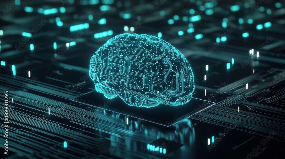 Poster a digital brain composed of circuitry glows amidst a network of glowing lines, symbolizing artificia