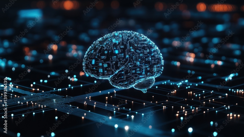 Poster a futuristic digital representation of a brain, composed of circuit patterns and glowing lights, sym