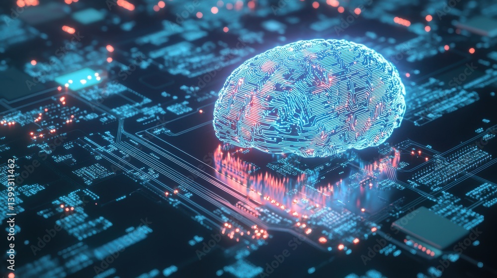 Poster a digital visualization of a brain, illuminated with circuitry patterns, sitting atop a circuit boar