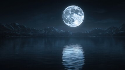 Naklejka premium A serene night scene featuring a full moon reflecting on calm waters, surrounded by dark silhouettes of mountains.