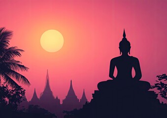 Silhouette of Seated Figure with Temples at Sunset