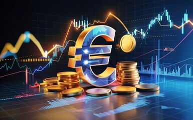 Euro Symbol and Coin Stack on Financial Chart Background