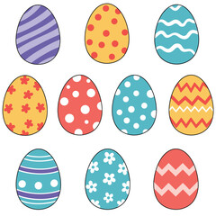 Easter Egg Designs: Vibrant and cheerful illustrated Easter eggs, each with unique patterns, symbols of renewal and celebration of spring.