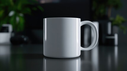 Blank white mug on a dark surface, surrounded by plants and other office items