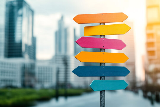 Naklejki A vibrant directional signpost with colorful arrows stands against a modern city backdrop, suggesting exploration and guidance in an urban environment.