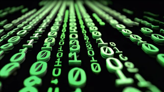 Green binary code streams down the screen, a digital matrix of ones and zeros in a mesmerizing pattern