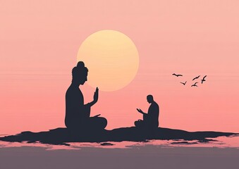 Meditating Figures Silhouettes Against Sunset Sky with Flying Birds