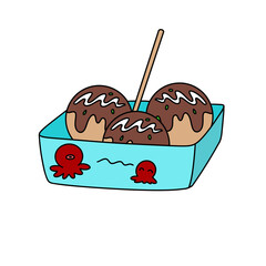 Three donuts with chocolate sauce on top are in a blue box