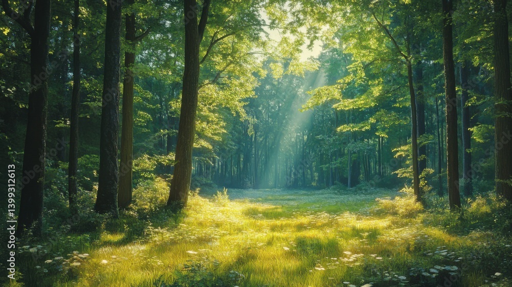 Poster a serene forest scene with sunlight filtering through lush green trees, creating a tranquil atmosphe