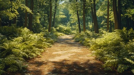 Obraz premium A serene forest path surrounded by lush greenery, inviting exploration and connection with nature.
