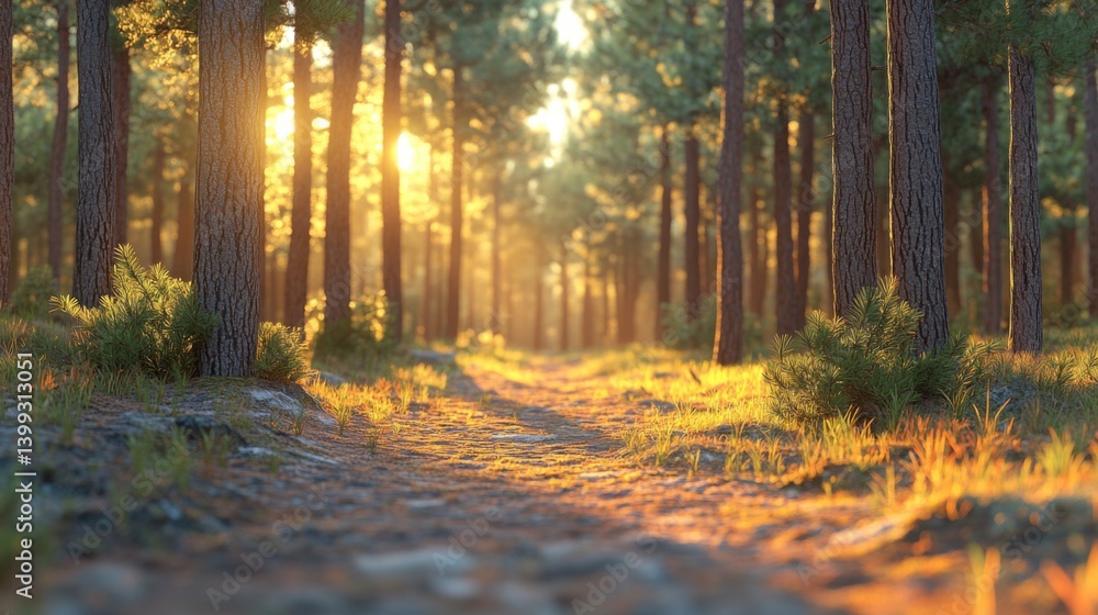 Aufkleber a serene forest path illuminated by sunlight, surrounded by tall trees and lush greenery creating a 