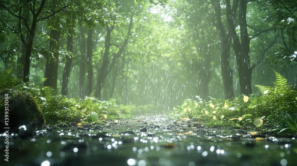 Poster a tranquil forest scene with lush greenery, a gentle stream, and soft rain creating a serene atmosph
