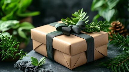 Elegant Brown Gift Box with Greenery on a Dark Stone Surface