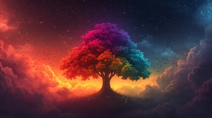 Vibrant Tree Against Colorful Sky and Stars at Dusk